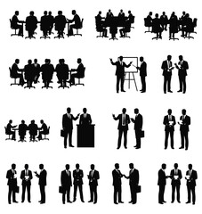 Collection of business meeting silhouettes including presentations, boardroom discussions, and corporate teamwork