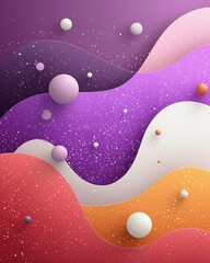 Colorful abstract layered waves with glitter texture and floating spheres for creative wallpapers.

