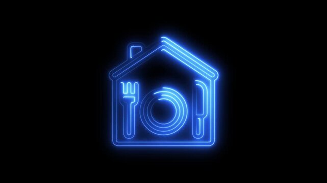 Neon blue house shaped restaurant symbol with plate fork and knife on black background
