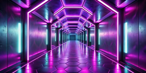 Futuristic Neon Corridor with Vibrant Purple and Teal Lighting and Reflective Hexagon Floor