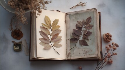 Pressed leaves in old book with dried flowers and locket on white surface dried leaves