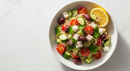High-end food photography, overhead flat lay of a vibrant Mediterranean quinoa salad in a matte white ceramic bowl, minimalist styling, natural soft side lighting, neutral marble background, 8k resolu