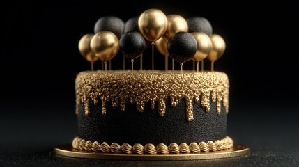 Elegant black glitter cake topped with gold and black balloons on dark background for parties.

