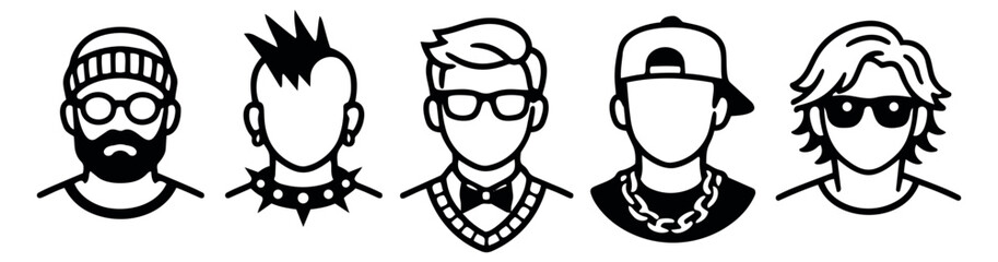 Minimalist line art male avatars set featuring diverse subcultures and modern identities for social media profiles and app design