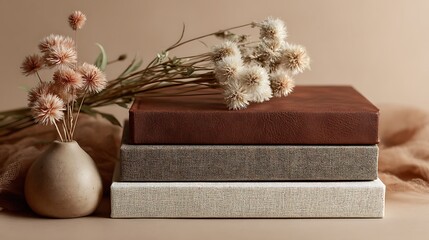 Stack of books with vase and flowers brown book beige book