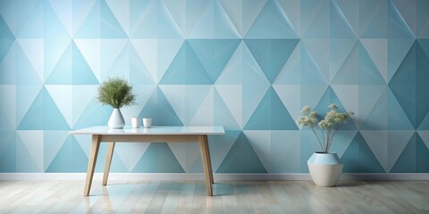 Serene Minimalist Interior Design Featuring a Light Wood Table and Pastel Blue Geometric Wall