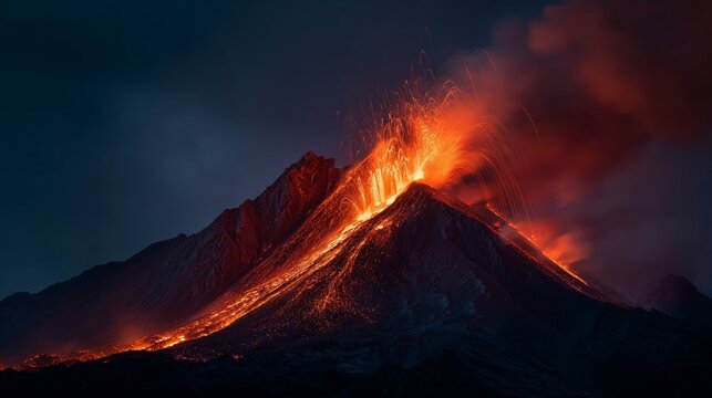 Volcanic mountain erupting with glowing red lava flowing down its slopes and bright orange lapilli shooting into the sky, thick dark smoke billowing above under a stormy night sky 