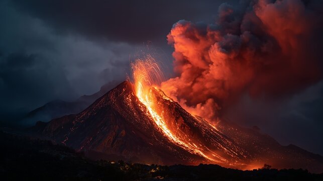 Volcanic mountain erupting with glowing red lava flowing down its slopes and bright orange lapilli shooting into the sky, thick dark smoke billowing above under a stormy night sky 