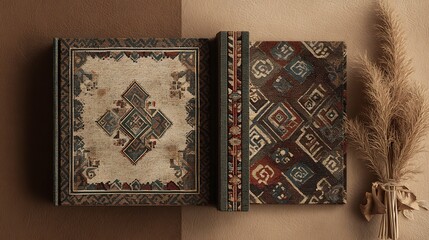 Two vintage patterned journals and dried grass on beige background books notebooks