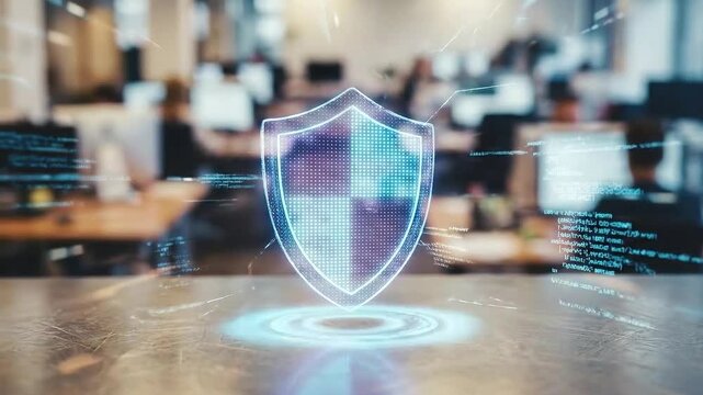 AI driven process efficiency concept. Digital shield symbolizing cybersecurity in a modern office environment.