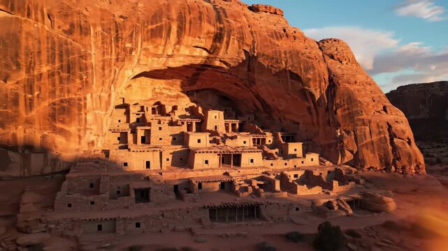 Majestic ancient cliff dwelling illuminated by sunset in desert canyon. Concept of historical heritage