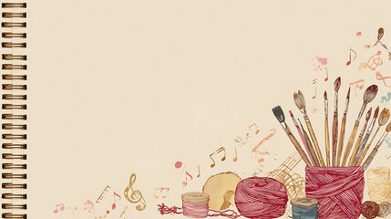 Vintage notebook with paintbrushes and yarn skeins on cover spiral bound musical notes