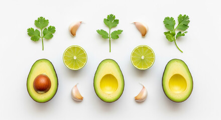 Professional knolling photography of fresh ingredients halved avocados, cloves of garlic, sprigs of cilantro, and lime wedges, arranged neatly on a bright white surface, top-down view, clean and moder