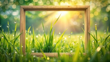 A Wooden Frame Encases a Vibrant Spring Meadow Scene, Dew-Kissed Blades of Grass Gleam in the Morning Sunlight, Creating a Serene and Tranquil Atmosphere