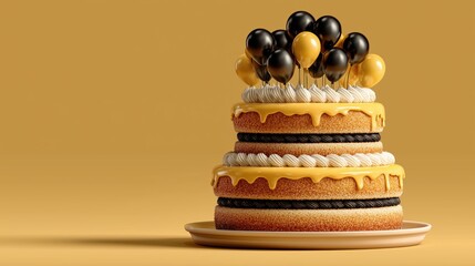 Delicious layered birthday cake with black and gold balloons isolated on yellow background.

