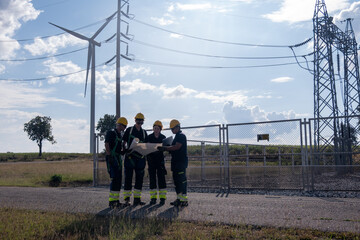 Workers discuss plans near wind turbines and power lines in a rural area during the afternoon