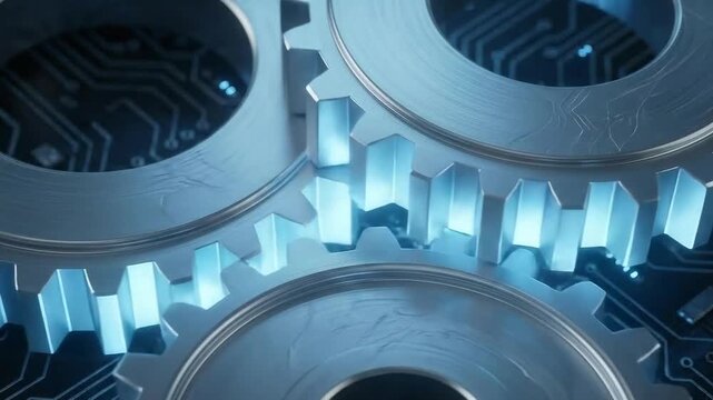 AI driven process efficiency concept. Metal gears with circuit patterns in a close-up view.