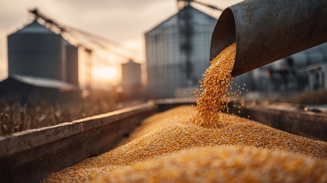 Corn kernels pouring from an auger into a trailer during harvest at sunset with grain silos in the background