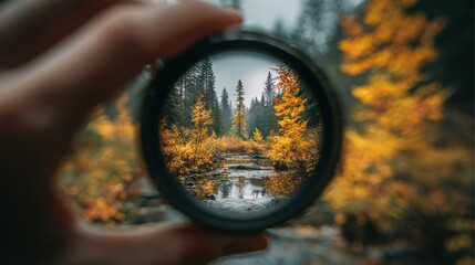 Hand holding a circular camera lens filter framing a scenic autumn forest landscape with a flowing river and vibrant yellow trees