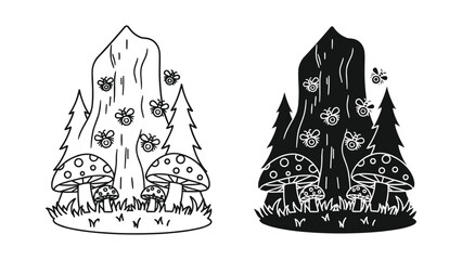 Black and white illustration of trees and mushrooms with butterflies