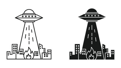 Ufo destroying city with fire beam illustration