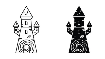 Castle icon with spiral design in black and white