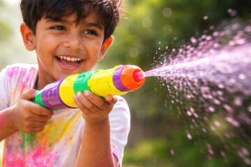Happy boy enjoying colorful water gun play during vibrant holi festival outdoors