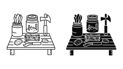 Camping preparation on wooden table with tools and equipment