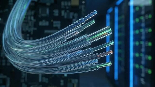 AI driven process efficiency concept. Fiber optic cables connected to technology equipment in a digital environment.