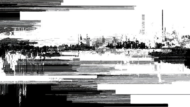 Abstract cityscape with distorted lines and a glimpse of urban structures