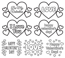 coloring book for Adult. Design for wedding invitations and Valentine's Day of abstract flowers, hearts, envelope, arrow, heart, bird, kiss, butterfly