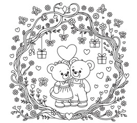 coloring book for Adult. Design for wedding invitations and Valentine's Day of abstract flowers, hearts, envelope, arrow, heart, bird, kiss, butterfly