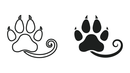 Cat paw print icon set with curly tail