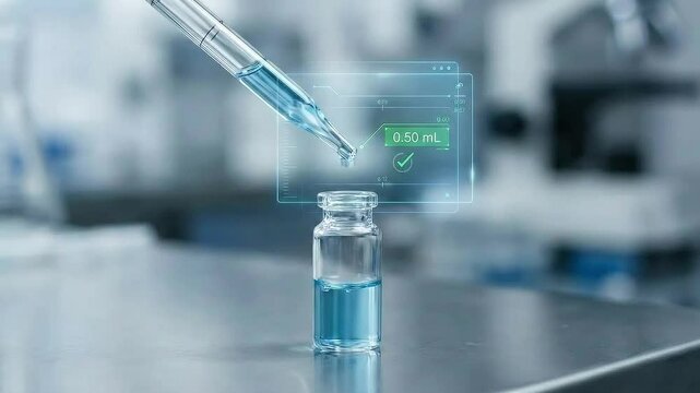 AI driven process efficiency concept. Vial with liquid and digital interface for healthcare technology.