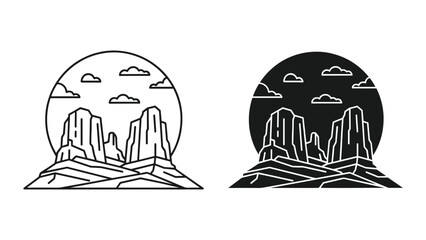 Mountain landscape icon set with sun and clouds