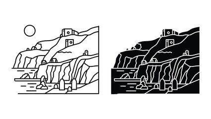 Black and white illustration of coastal landscape with buildings