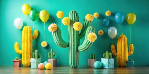 A festive celebration with vibrant cacti and cheerful balloons against a teal backdrop