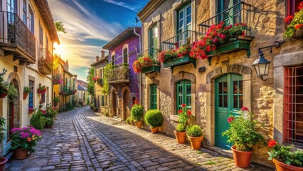 Fototapeta premium A sunlit cobblestone lane, charming houses adorned with vibrant floral displays on balconies and window boxes, creating a picturesque European streetscape at sunset.