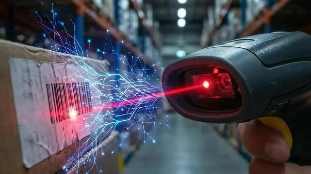 AI driven process efficiency concept. Laser scanner reading barcode in a warehouse setting.