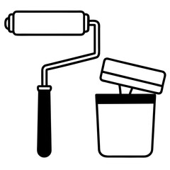 Home improvement tools with paint roller and brush line art illustration
