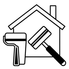 Home improvement tools with paint roller and brush line art illustration