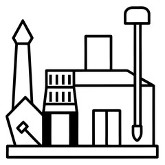 Heavy industrial tools with factory line art illustration.