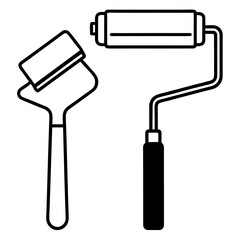 Home improvement tools with paint roller and brush line art illustration
