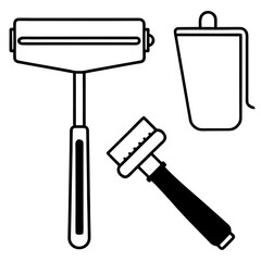 Home improvement tools with paint roller and brush line art illustration