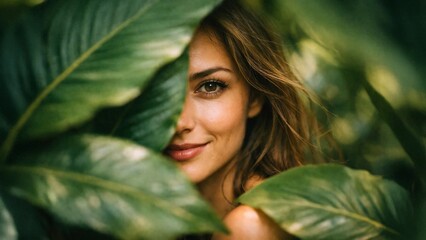 Closeup portrait of woman peeking through lush green leaves, natural beauty in tropical foliage.