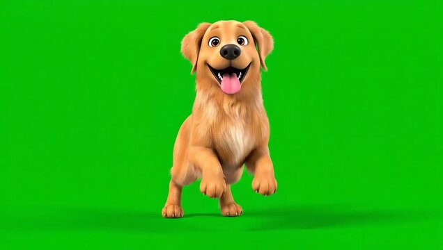 Adorable animated golden retriever puppy dog happily walking and wagging tail on green screen.