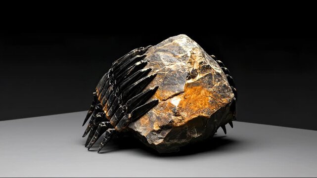 A rough-hewn rock formation, adorned with sharp, black, blade-like elements, set against a dark background, in a studio