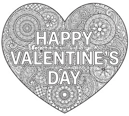 coloring book for Adult. Design for wedding invitations and Valentine's Day of abstract flowers, hearts, envelope, arrow, heart, bird, kiss, butterfly