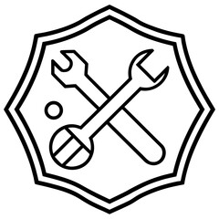 Monoline illustration of repair tools in a badge line art illustration 