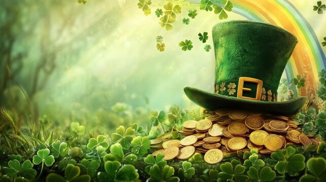 A vibrant leprechaun hat sits atop a pile of gold coins surrounded by lush green clovers and a rainbow in a whimsical, magical setting.